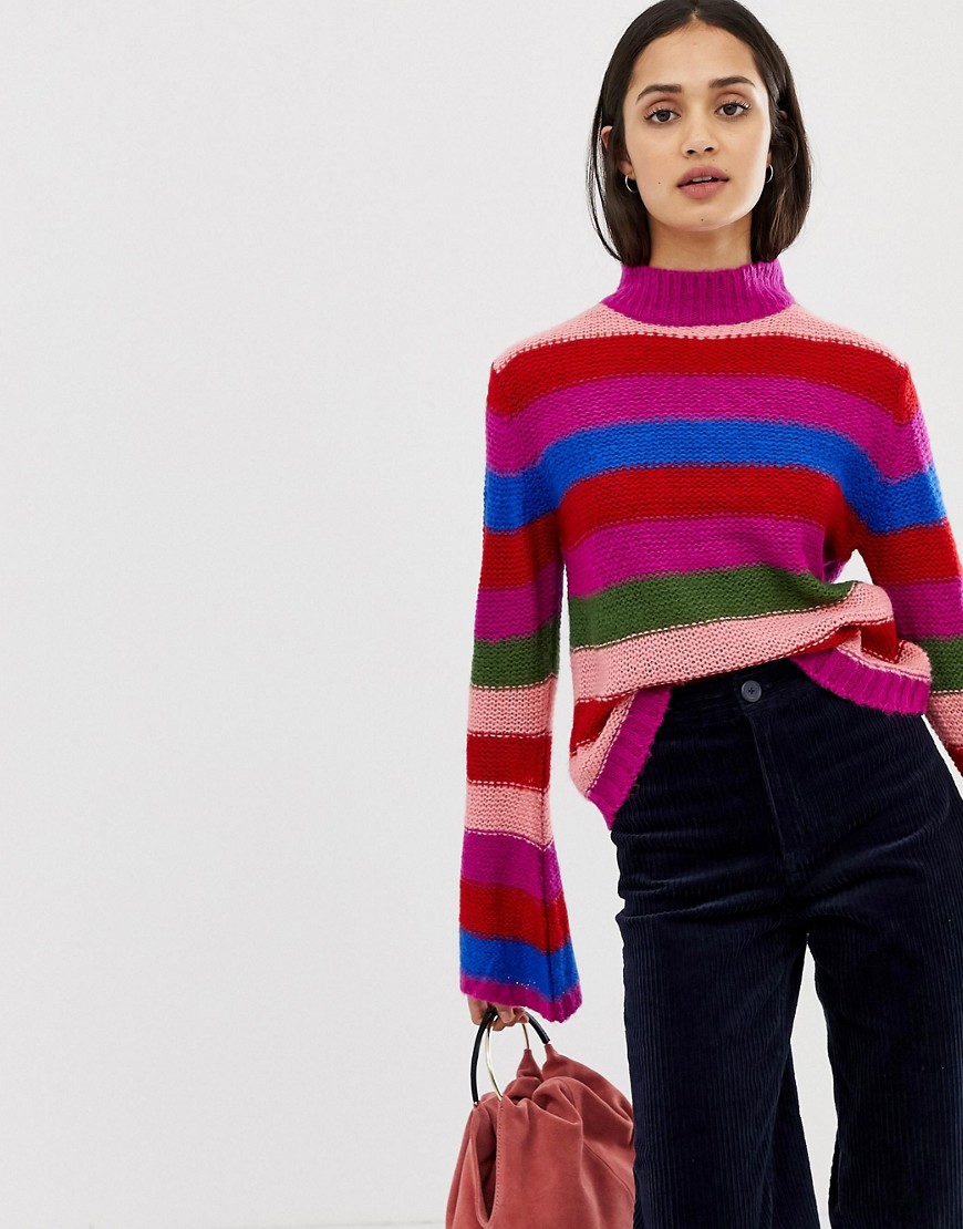 QED London fluffy striped flared sleeve high neck jumper-Multi
