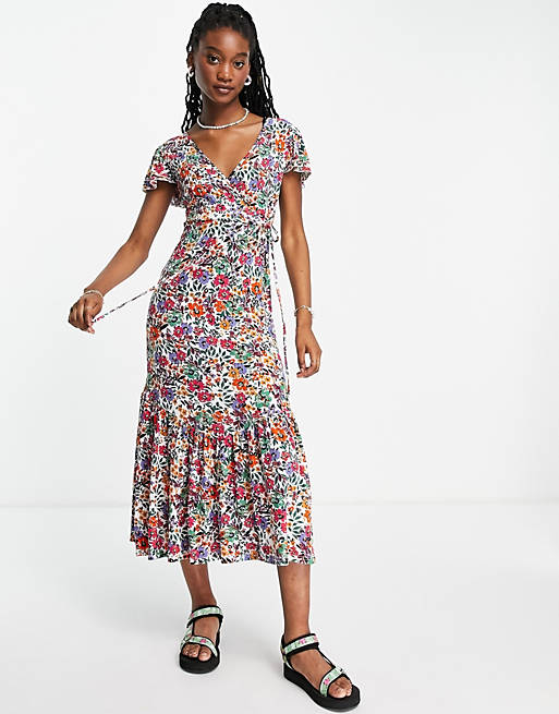 QED London flutter sleeve midaxi  wrap dress in multi floral print