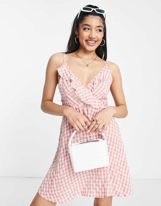 QED London - frill wrap cami mini dress in pink gingham print