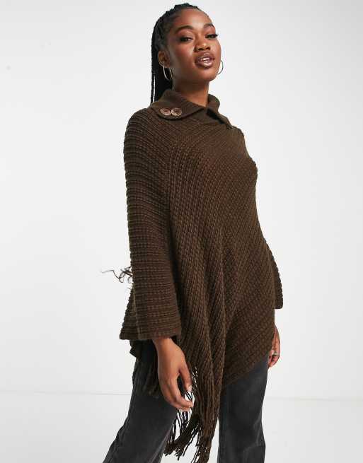 QED London fringe trim poncho in chocolate brown ASOS