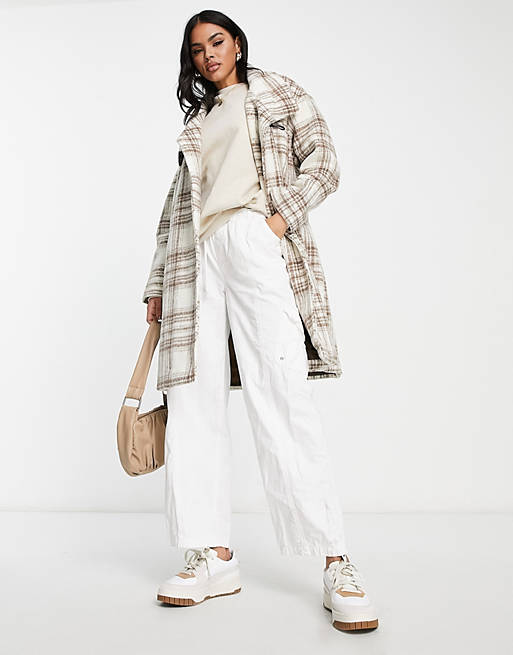 QED London funnel neck longline coat in check