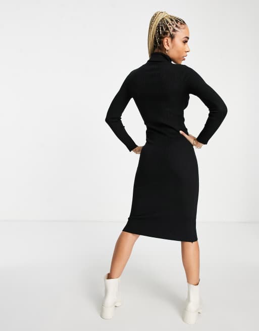 QED London - Gebreide midi-jurk met col in zwart, 4 van 4