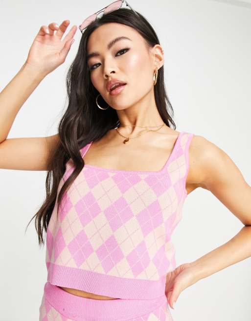 QED London - Gebreide top met vierkante hals in roze argyle-motief, deel van co-ord set