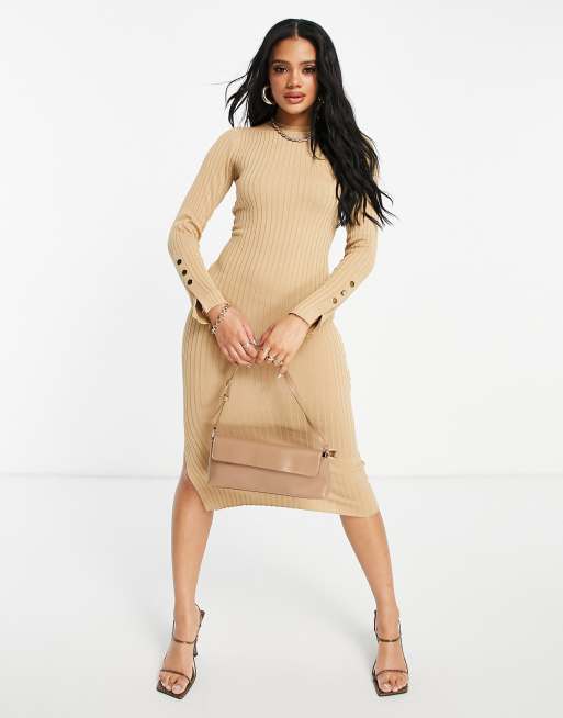 QED London - Geribbelde midi-bodyconjurk in camel
