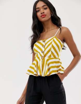 QED London button down cami top with peplum hem in stripe-Yellow Yellow