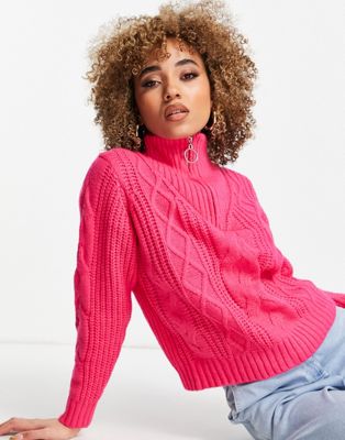 QED London half zip cable knit jumper in pink
