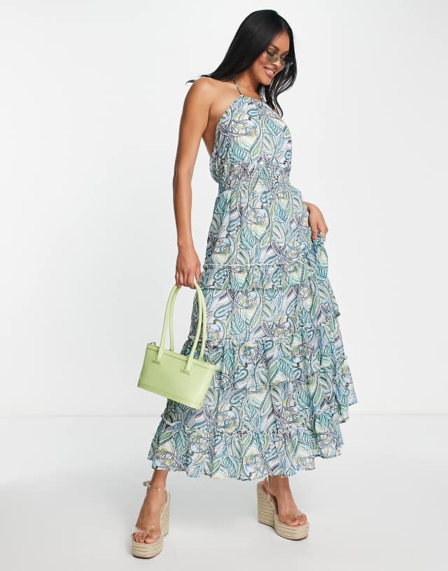 QED London halter neck ruffle midi dress in paisley print