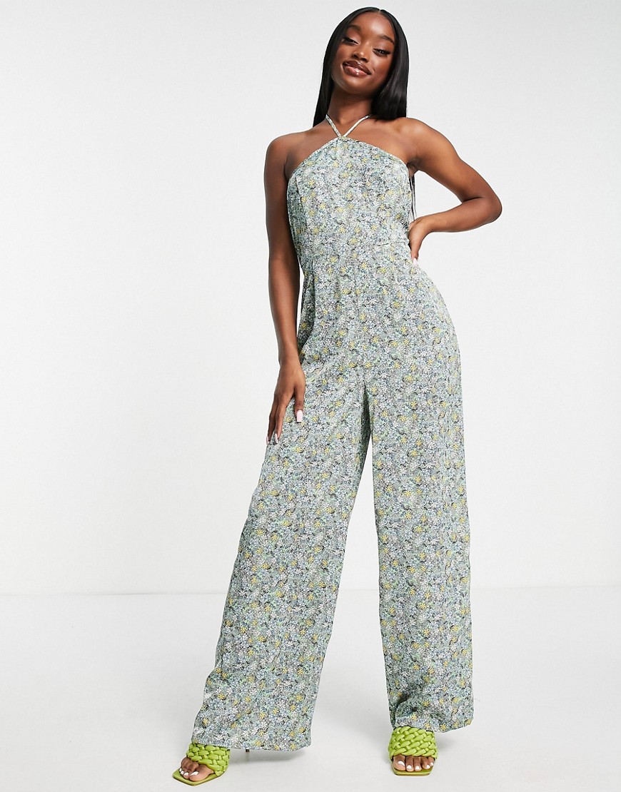 QED London halter neck wide leg jumpsuit in ditsy floral print-Multi