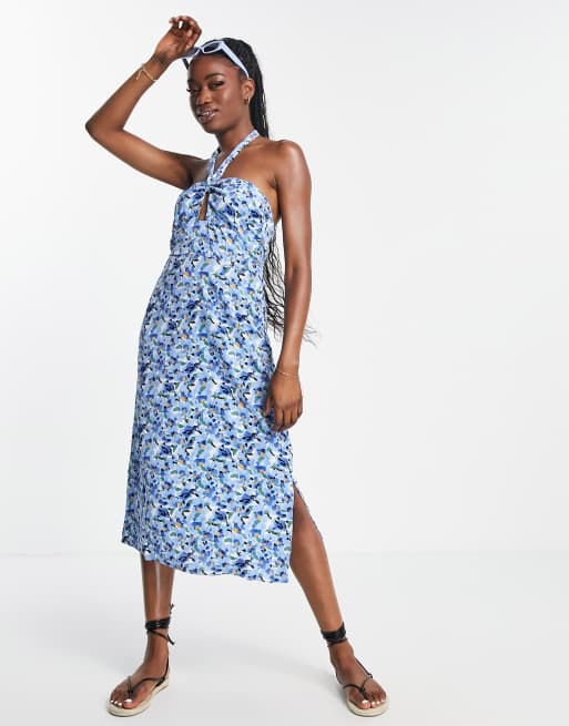 QED London halterneck midi dress in blue floral