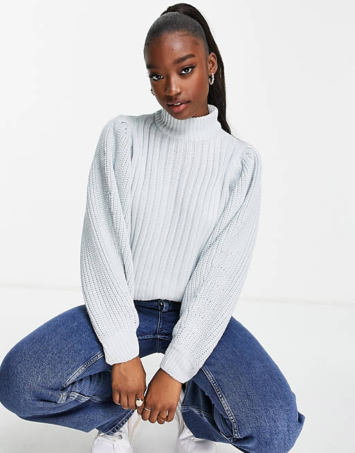 QED London high neck balloon sleeve jumper in ice blue