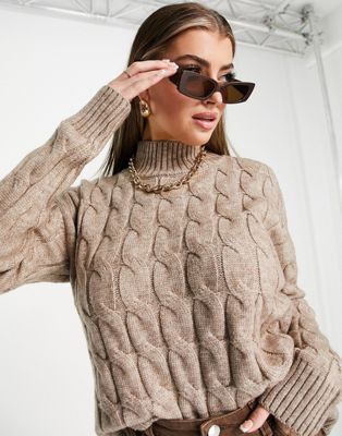 QED London high neck cable knit jumper in oatmeal