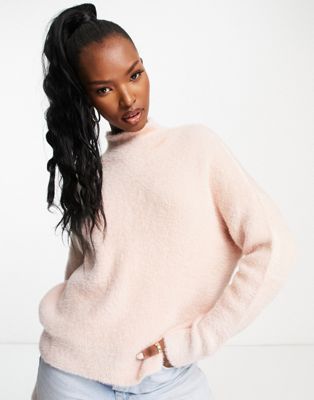 QED London high neck fluffy knit jumper in pink