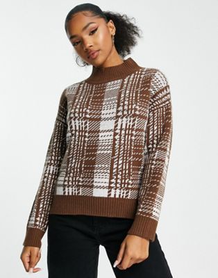 QED London high neck jumper in brown check
