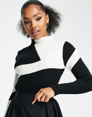 QED London high neck ribbed jumper in colour block