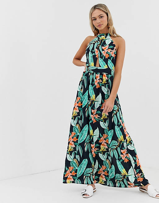 QED London high neck tie back maxi dress in floral print