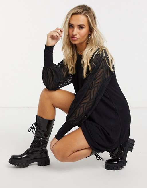 QED London jumper dress with lace sleeve in black