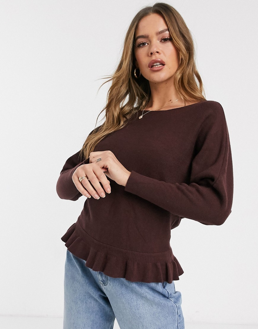 QED London jumper with peplem hem in chocolate-Brown