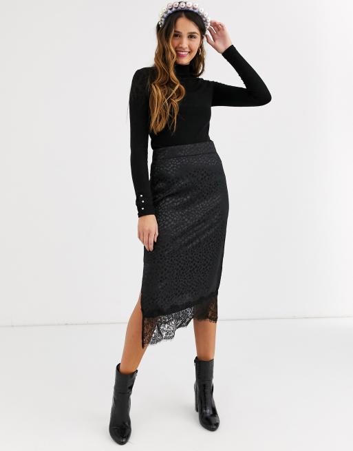 QED London - Jupe mi-longue avec ourlet en dentelle - Noir