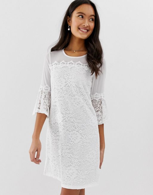QED London lace mini dress with bell sleeve in white | ASOS