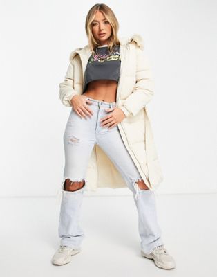 QED London longline belted puffer coat with faux fur hood in cream