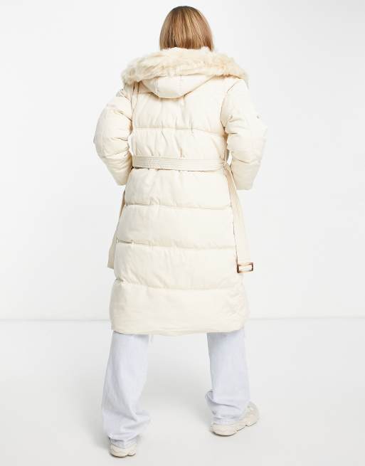 Cream puffer coat hot sale with fur hood