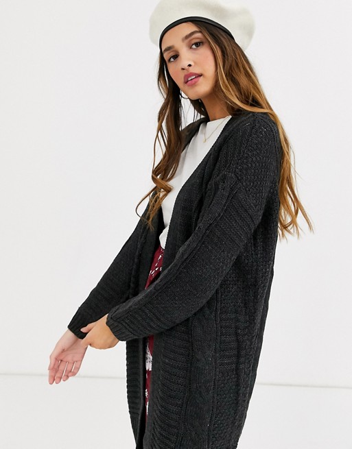 QED London longline cable knit cardgian in charcoal