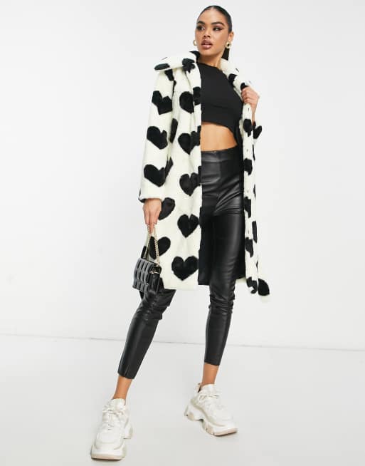 QED London longline faux fur coat in heart print | ASOS