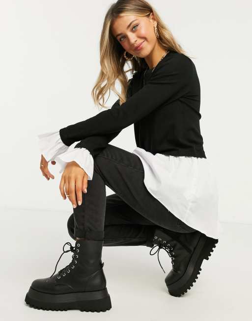 QED London - Maglione camicia 2 in 1 nero con strato inferiore