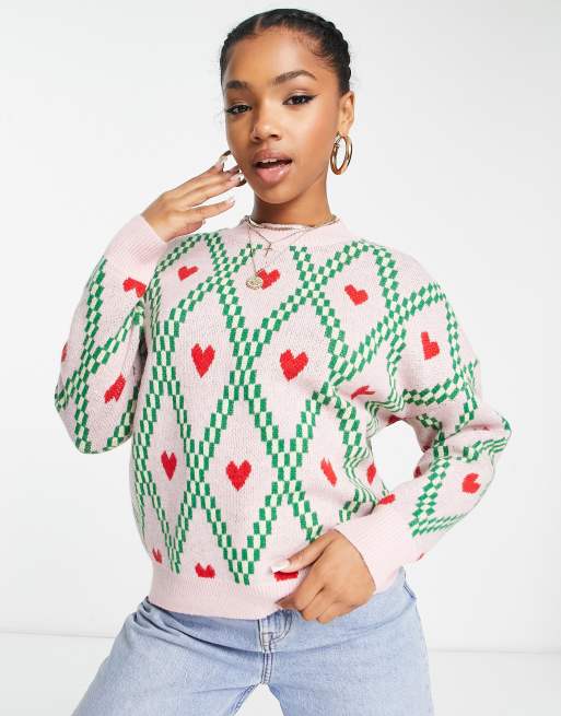 QED London - Maglione oversize con stampa a rombi e cuori