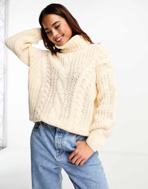 QED London - Maglione oversize dolcevita a trecce color pietra