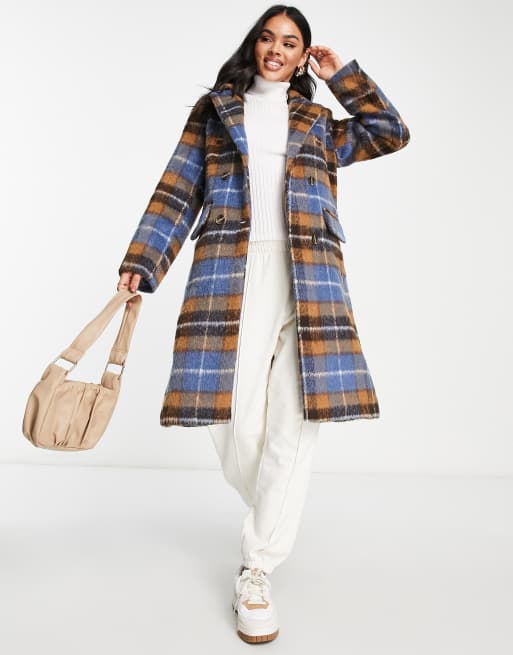QED London - Manteau long à double boutonnage et motif carreaux - Carreaux bleus