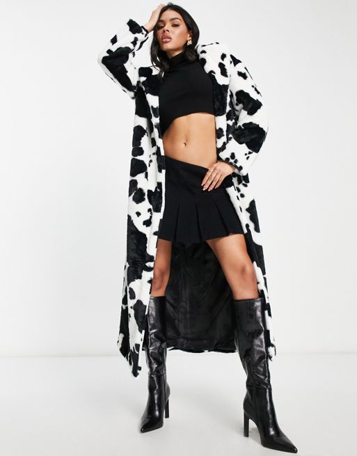 QED London maxi longline faux fur coat in cow print