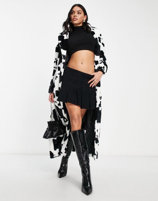 QED London maxi longline faux fur coat in cow print | ASOS