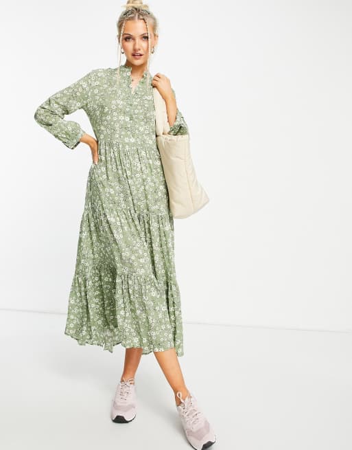 QED London – Midaxi-Hemdblusenkleid mit Blumenmuster in Salbeigrün
