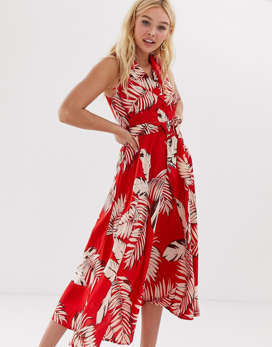 QED London - Midi-jurk met kraagje, overslag en bloemenprint in rood