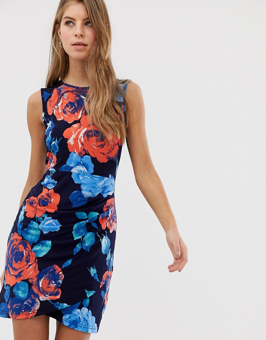 QED London - Mouwloze bodycon-jurk met bloemenprint-Marineblauw