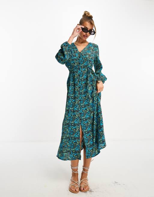 QED London - Nette midi-jurk met ballonmouwen en bloemenprint in blauw