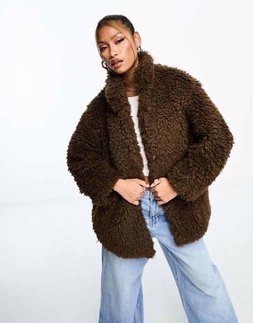 QED London oversized borg coat in chocolate brown | ASOS