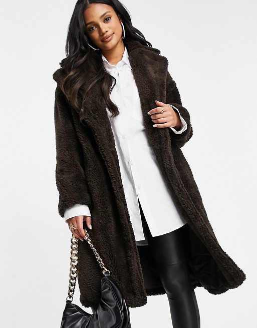 QED London oversized borg coat in chocolate brown