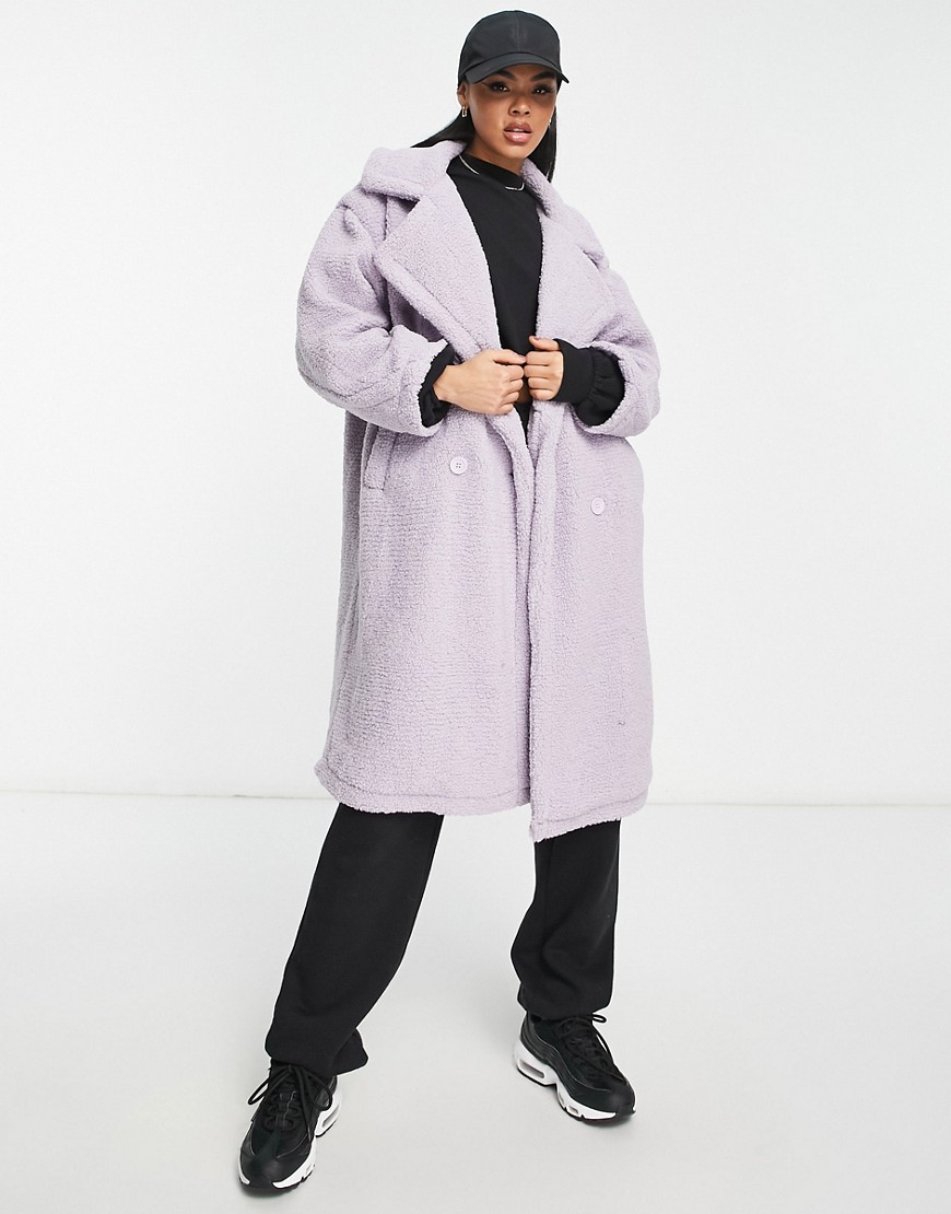 QED London oversized longline borg coat in lilac-Purple