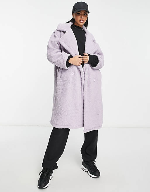 QED London oversized longline borg coat in lilac