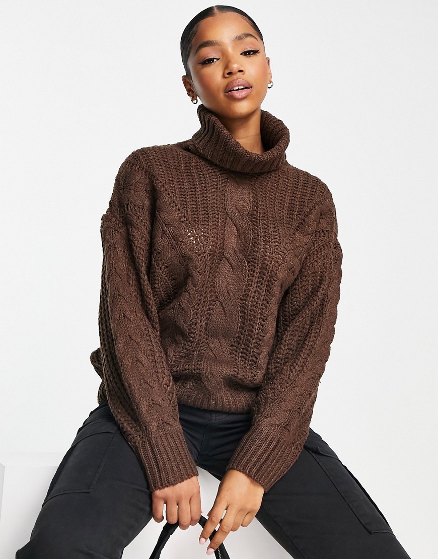 QED London oversized roll neck cable knit jumper in chocolate brown