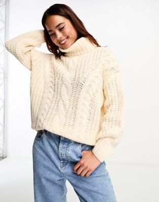 QED London oversized roll neck cable knit jumper in stone