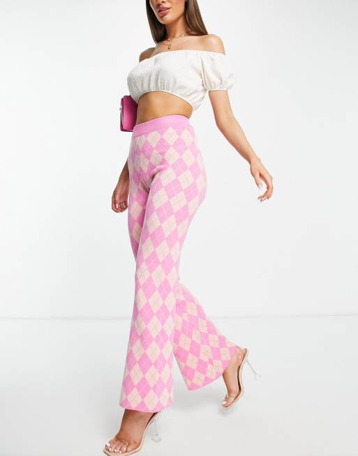 QED London - Pantalon d'ensemble large en maille à motif losanges - Rose