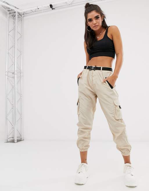 QED London - Pantaloni cargo grigio pietra con elastico sul fondo