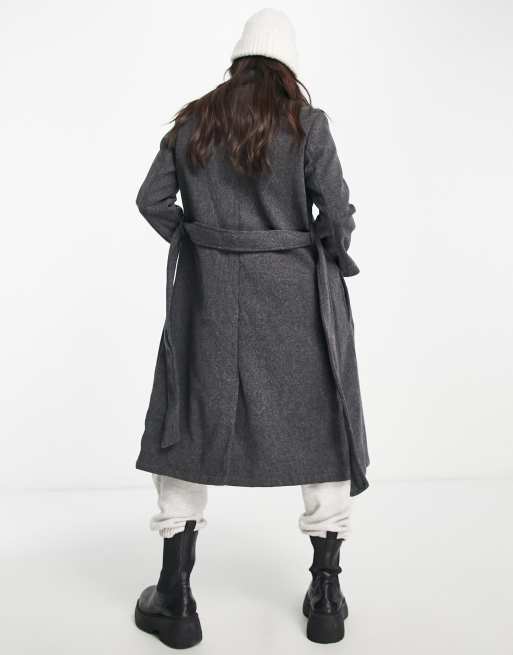 QED London Petite belted longline coat in charcoal grey, 2 of 4