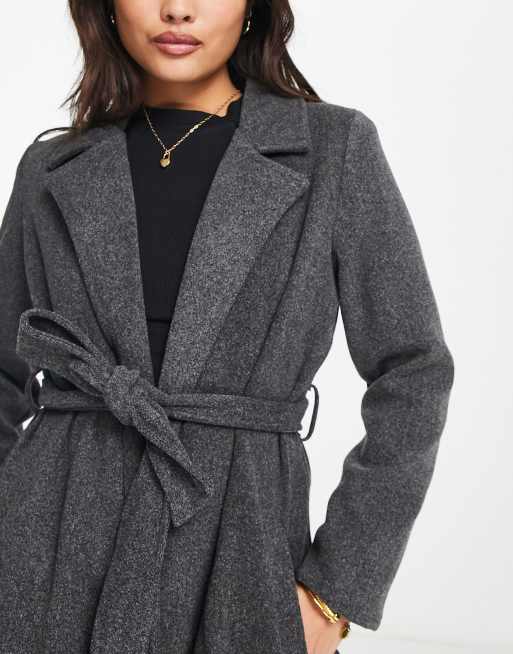 QED London Petite belted longline coat in charcoal grey, 3 of 4
