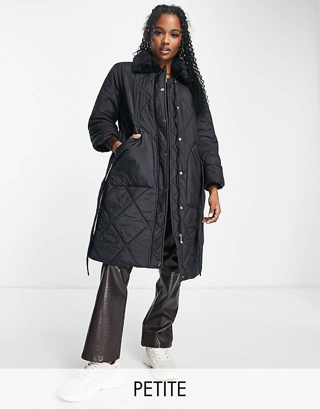 QED London Petite - diamond quilt belted coat in black