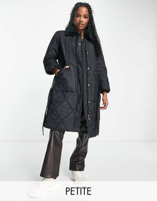 QED London Petite diamond quilt belted coat in black | ASOS