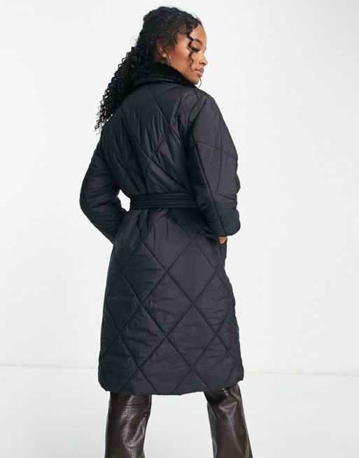 Petite Black Belted Long Puffer Coat